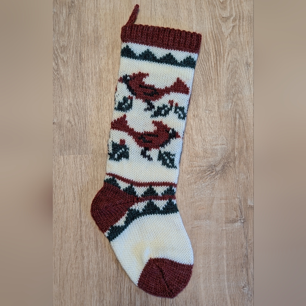 Vintage Russ Berrie Knit Cardinals & Holly Berry Christmas Stocking
